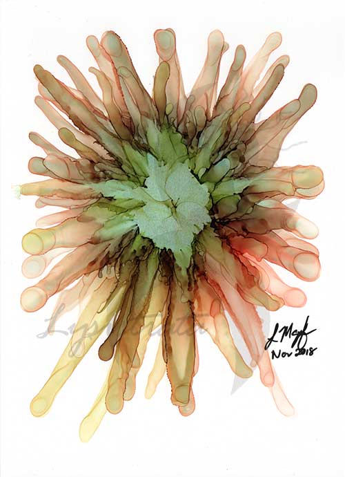 an abstract, flower-like image painted in greens and browns in alcohol ink