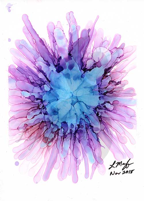 an abstract, flower-like image painted in blues, purples and pinks with alcohol ink