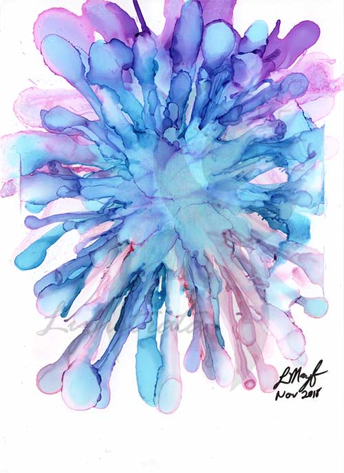 an abstract, flower-like image painted in blues, purples and pinks with alcohol ink