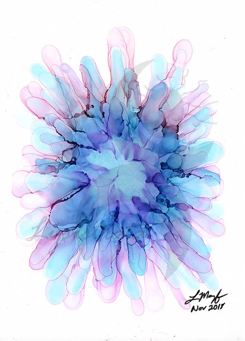 an abstract, flower-like image painted in blues, purples and pinks with alcohol ink