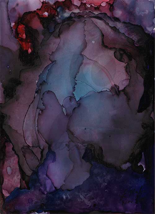 dark purple abstract with blue and red accents that resembles a detailed portion of a nebula