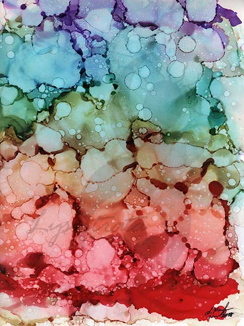 an abstract image with rainbow colors chading from red at the bottom, through orange, yellow, green, blue, and purple at the top, with bubble-like spatters of lighter color throughout