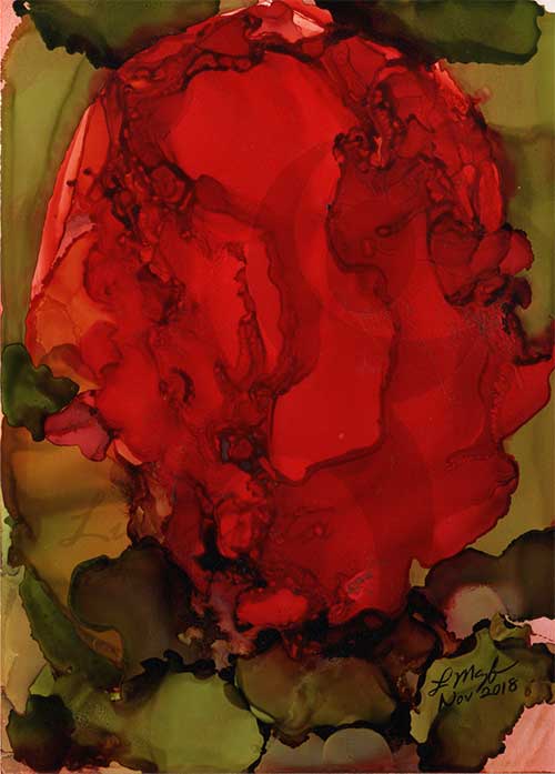 an abstract image resembling a dark red rosebud surrounded by green foliage