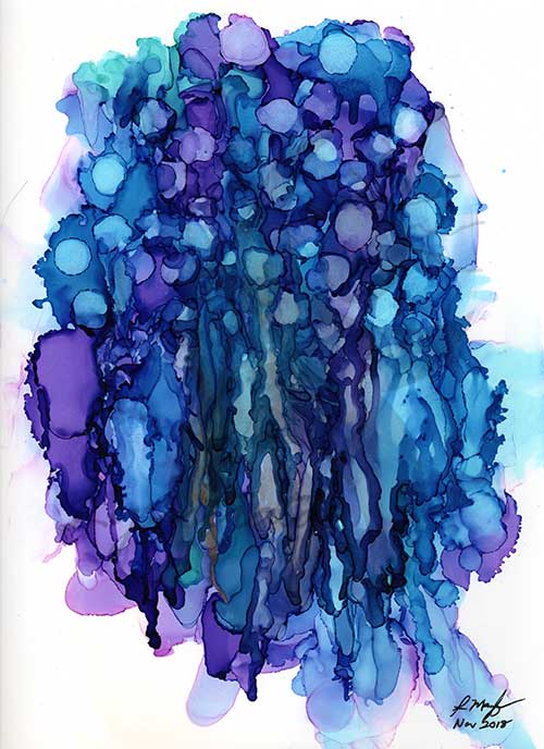 an abstract image in blues and purples with a bunch of round, bubble-like shapes at the top, and drippy lines flowing downward at the bottom