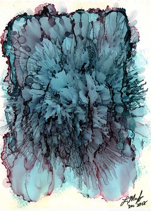 an abstract image in blues and purples resembling a spray of flowers