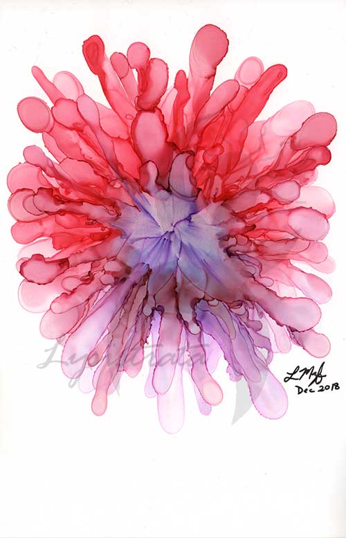 an abstract, flower-like image painted in purples and pinks