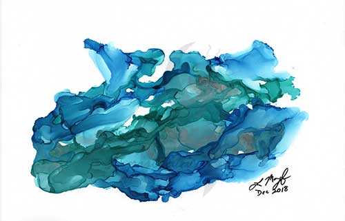 an abstract image resembling the flow of water in the ocean, with blues, greens, and metallic silver