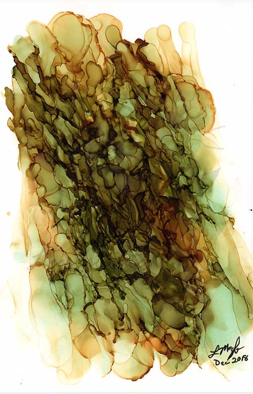 an abstract image in greens, browns, and yellows, with a gold metallic shimmer