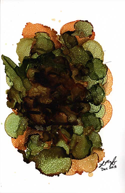 an abstract image in greens, browns, and yellows, with a gold metallic shimmer