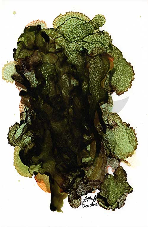 an abstract image in greens, browns, and yellows, with a gold metallic shimmer