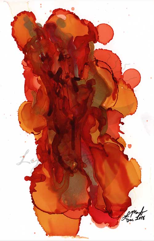 an abstract image in reds and oranges, with a gold metallic shimmer