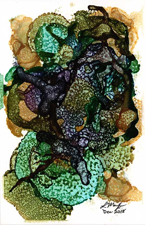 an abstract image with greens, blues, purples, and gold metallic shimmer, the image is speckled all over and has random dark striations