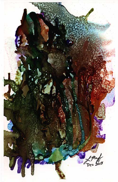 a dark abstract with greens, blues, purples, and a coppery metallic shimmer