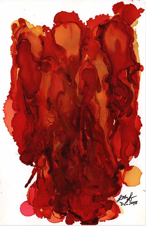 an abstract image in reds and yellows that resembles a person on fire standing with arms upstretched
