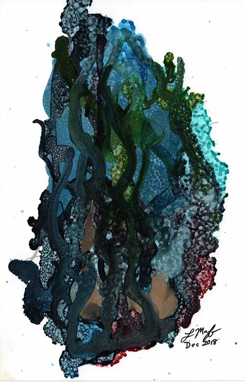 an abstract image in blues and greens, with purple and red accents, and gold and silver metallic shimmer. it resembles some kelp under the sea.