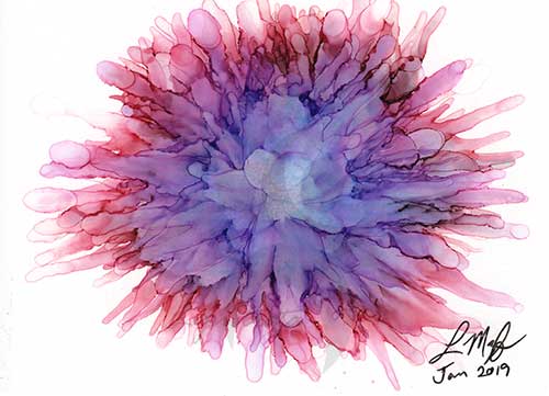 an abstract, flower-like image painted in purples and pinks