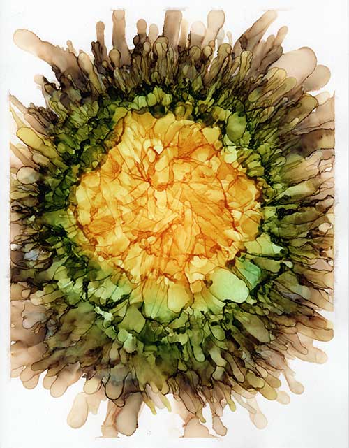 an abstract image resembling a yellow dandelion flower surrounded by green and brown foliage