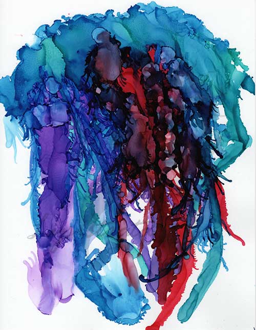 an abstract image in blues, purples, and red with dark striations resembling a strange jellyfish