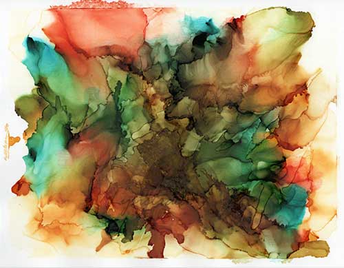 an abstract image with splashes of green, blue, orange, and brown