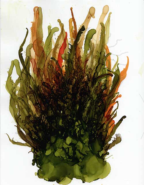 an abstract image in greens, bowns, and orange, with darker striations throughout, resembling a growing plant or bush