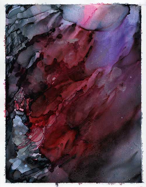 an abstract image in purples, dark blue-grey, and red, resembling a nebula, with star-like speckles throughout