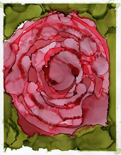 an abstract image in reds, pinks, and greens, resembling a blooming reddish rose surrounded by green foliage