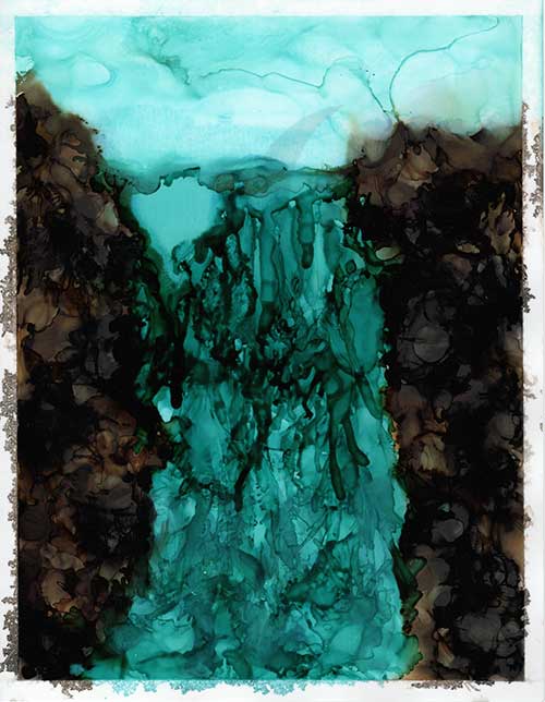 an abstract image resembling a blue waterfall between dark brown rocky cliffs, under a blue sky